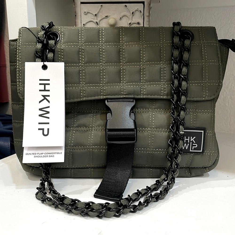 Ihkwip Olive green quilted flap convertible shoulder bag